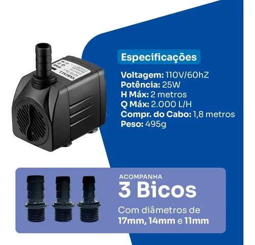 Bomba Submersa 2000l/h 2m Lagos Recalque Fontes Aquários Cascata Chafariz Motor Água Doce Salgada Marinho Fonte Hidroponia Aquaponia: imagem 2