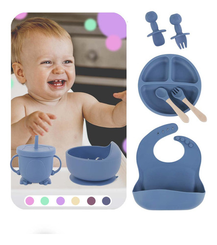 Kit 8 Alimentação Infantil Introdução Bebê Silicone Ventosas Cor Azul