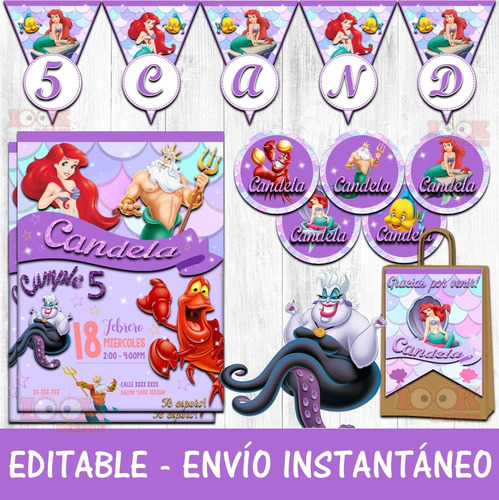 Kit Imprimible Candybar La Sirenita Ariel Lila 100% Editable