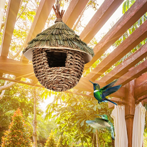 Casa De Colibrí Colgante De Hierba Natural Tejida A Mano