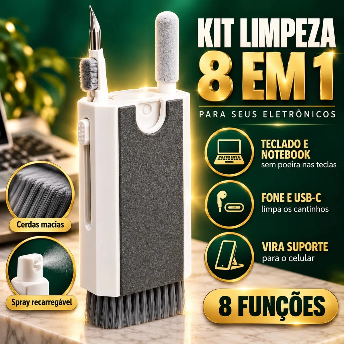 Kit Limpeza Celular Teclado Pc Notebook Escova Macia Limpa câmera Pincel Limpador Multiuso Fone De Ouvido Tablet Headset 8 Em 1 Eletrônicos Gadgets Portátil Multifuncional Eficiente LVC FAMILY