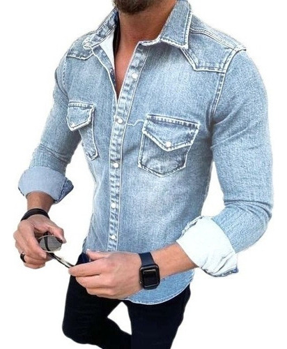 Men's Solid Color Long Sleeve Jeans Shirt Vintage Q1