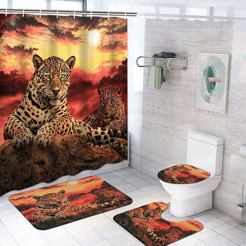 4 Pcs Moon Leopard Shower Curtain Set With Non-slip Rug ... 