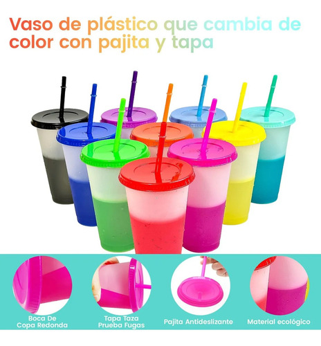 Vasos Magicos Cambian De Color Con Tapa Y Popote 710ml 10pzs