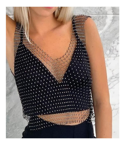 Top Brillos Red Importada Strass Top Crop Remera Color Negro