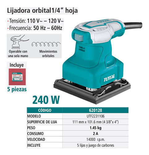 Lijadora Orbital Industrial, Total, 1/4 , 240 W