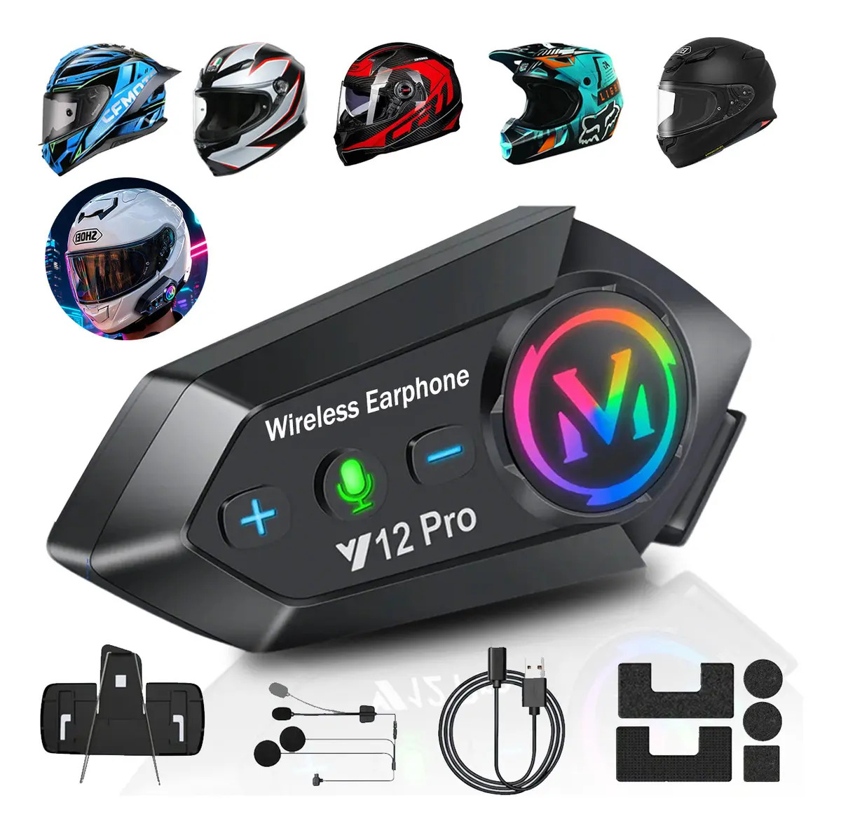 Y12pro Intercomunicador Bluetooth Para Cascos De Moto Sistema De Auriculares Integrado Con Micrófono Color Negro Hidokin Y12 Pro