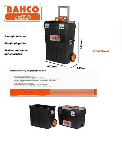 Caja de herramientas Bahco 4750PTBW47 de plástico con ruedas 290mm x 470mm x 630mm negra