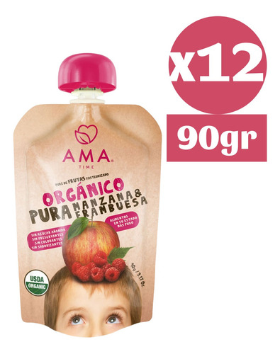 12x Ama Pure Fruta Manzana Frambuesa Orgánico Papilla