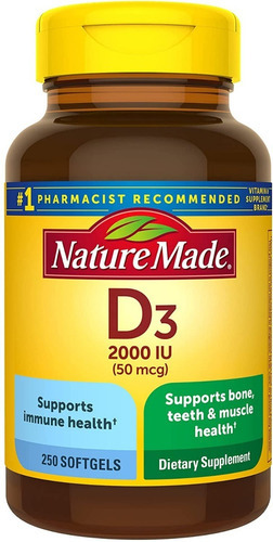 Vitamina D3 2000 Ui (50 mcg) Nature Made 250 cápsulas gelatinosas com sabor insípido