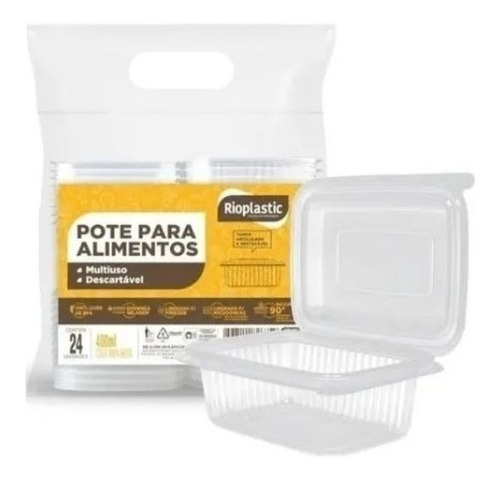 Pote para alimentos Rioplastic - Pote Marmita Descartável com Tampa Bandeja Retangular 400ml 400mL