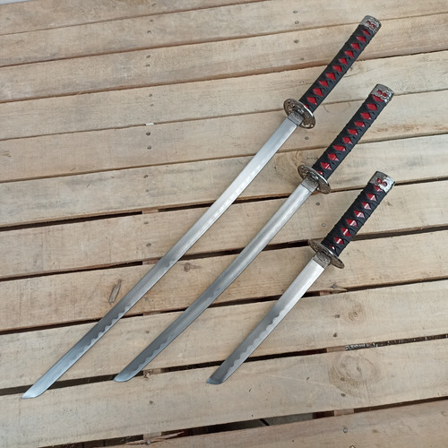 Set Katana Wakizashi Y Tanto Dragon Overall Decorativa Roja