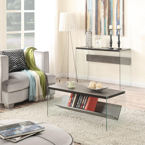Mesa Auxiliar Gris Desgastado Con Vidrio 76 Cm