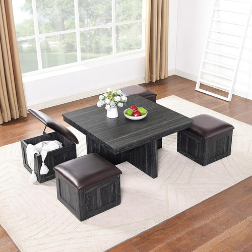Skyxiu Mesa Auxiliar Con 4 Taburetes De Almacenamiento Tapiz