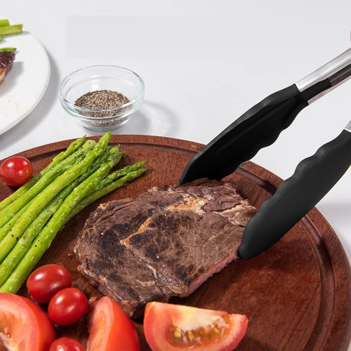Pinzas De Cocina 9 Silicona Negra Y Mango Acero Inoxidable