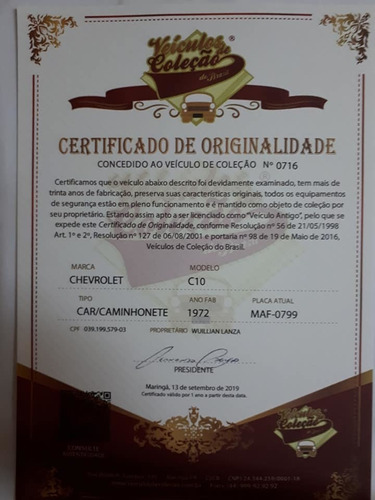 Gm C10 6 Cil - Raridade Para Colecionador-placa Preta - 1972