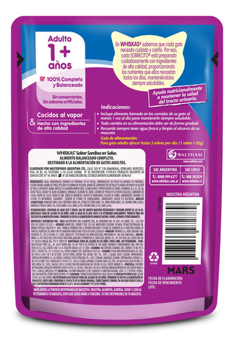 Imagen 2 de 7 de Whiskas Alimento Húmedo Gato Sardina Salsa Sobre X1un