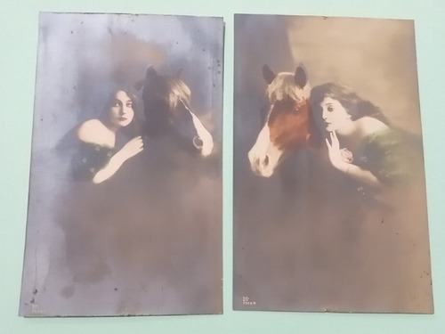 2 Foto Postales Mujer Y Caballos 1900 Metalizadas