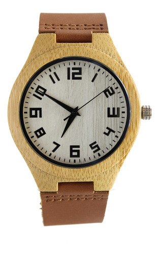 Imagen 1 de 10 de Reloj Madera Correa Cuero Café Con Marcadores Números