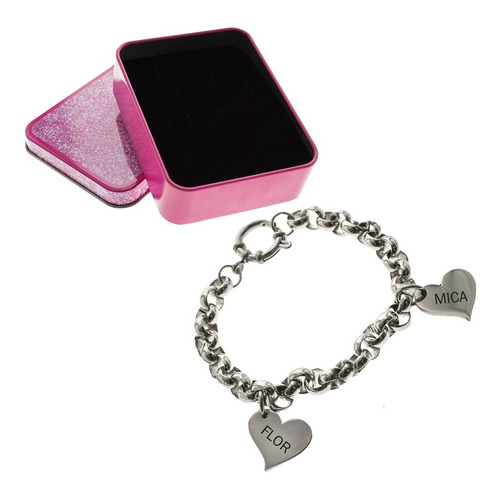 Imagen 2 de 5 de Pulsera Mujer Personalizada Rolo 2 Corazones Dia De La Madre