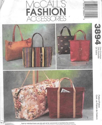 Mccall's Fashion Accessorie Pattern 3894 Bolsa Mano Forrada