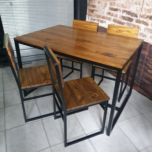 Imagen 3 de 3 de Mesa Hierro Y Madera 140x80 + 4 Sillas Industriales Exterior