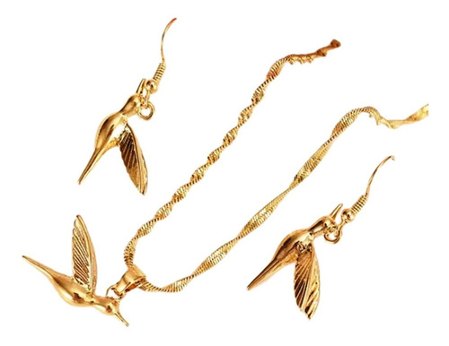 Conjunto De Cadena Y Aretes De Colibrí Oro Macizo 14k