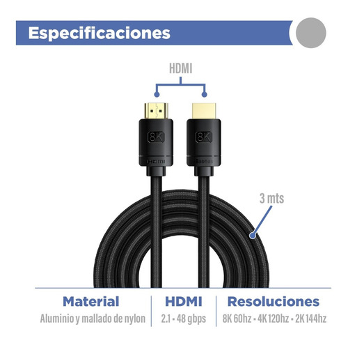 Imagen 2 de 10 de Cable Hdmi A Hdmi 3m Baseus 8k Hd/ 48gbps / 60hz / Premium