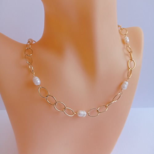 Choker Eslabón Baño Oro 18 K Perlas De Río