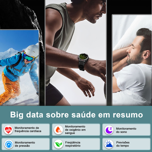 Masculino Smartwatch Relógio Inteligente Militar Smart Watch Caixa Preto Pulseira Preto Bisel Preto