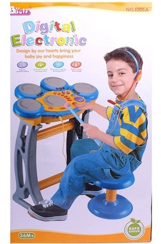 Bateria Electronica Con Taburete , Microfono Y Auriculares Color Amarillo y Azul