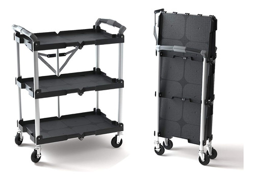 Carrito De Servicio Plegable; C/3 Estantes, 150 Lbs; Negro