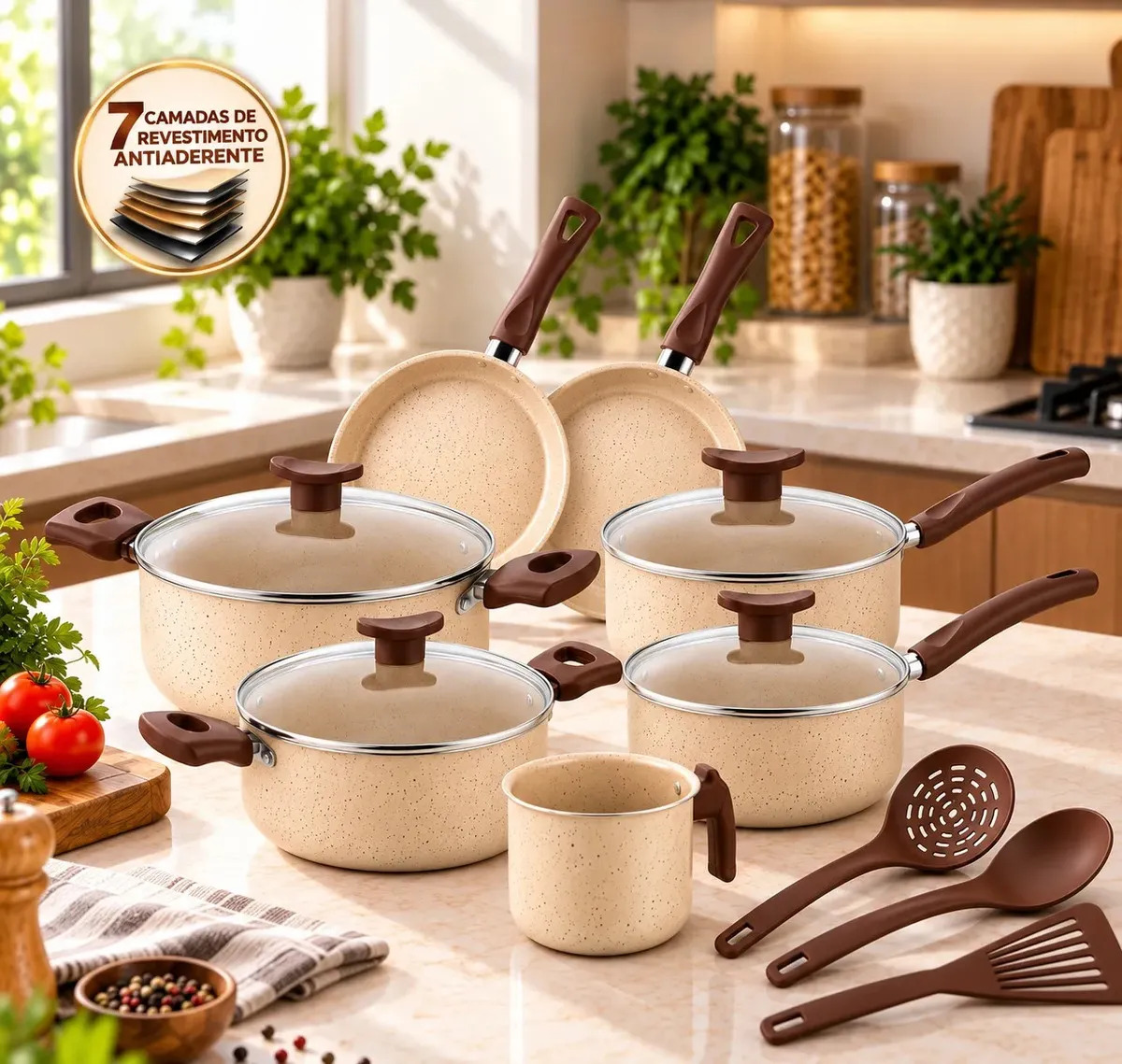 Jogo de Panelas Antiaderente 7 Camadas 10 Peças Kit Cozinha Casa Nova com Tampas de Vidro Caçarolas Frigideiras Retas Fundas Fervedor Leiteira e Utensílios Conjunto Compacto Dia a Dia Baunilha