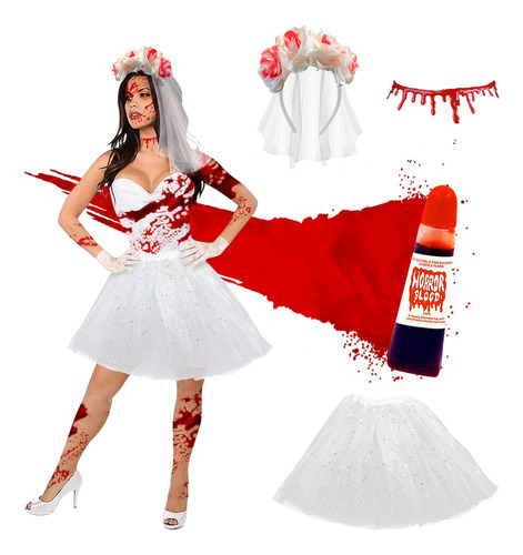 Disfraz Novia Zombie Mujer Tutú, Velo, Guante, Sangre