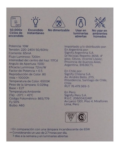 Imagen 4 de 9 de Foco Led Lampara Luz Calida - Fria Philips 10w 220-240v
