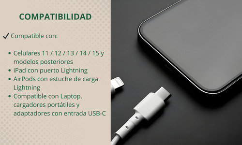 Cable Cargador Tipo C A Lightning Carga Rápida Reforzado 1mt Blanco