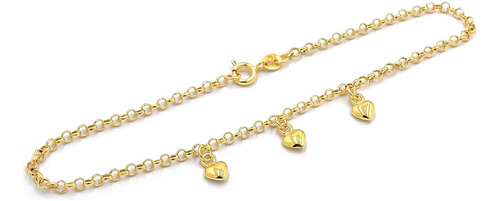 Pulseira Portuguesa Em Ouro 18k Com Corações Elo Português Comprimento 19 Cm Cor Amarelo