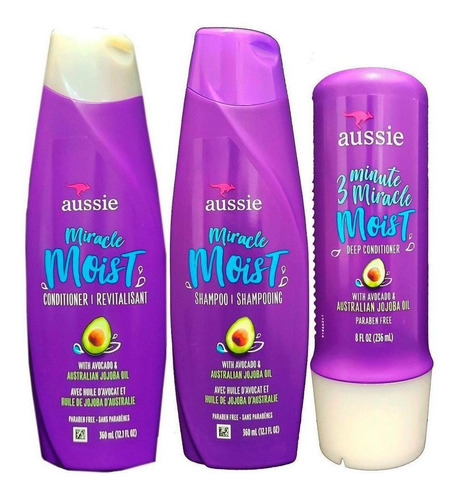 Kit Aussie Shampoo + Condicionador + 3 Minute Miracle Moist
