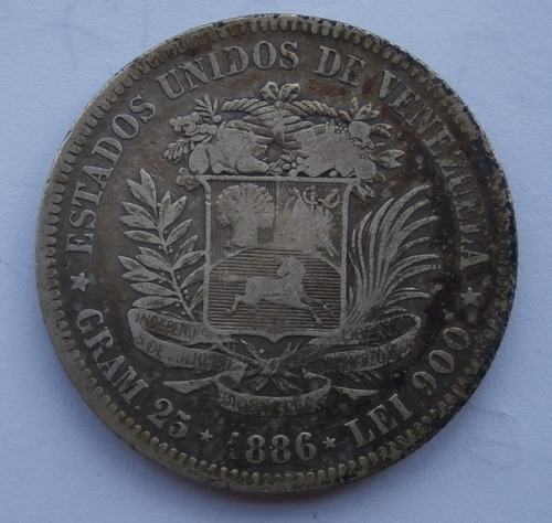 Moneda De Plata Fuerte 5 Bolivares 1886