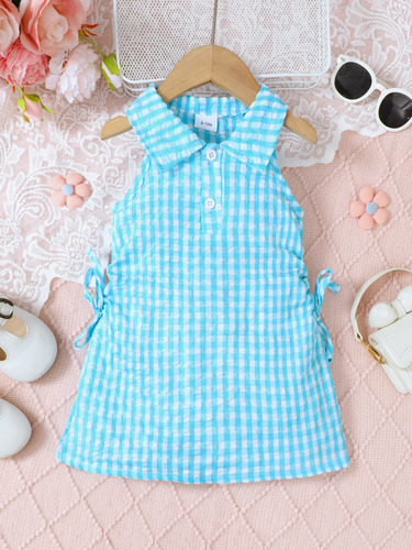 Vestido Xadrez Sem Mangas Com Cordão Lateral De Lapela Para