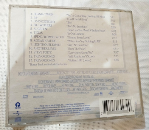 Notting Hill. Music Soudtrack Interpretes Varios (c.d) Estándar (Usado)