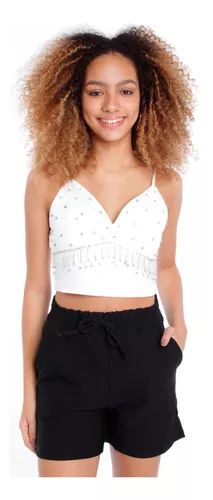 Top Cropped Feminino Franja Strass Lojas Besni