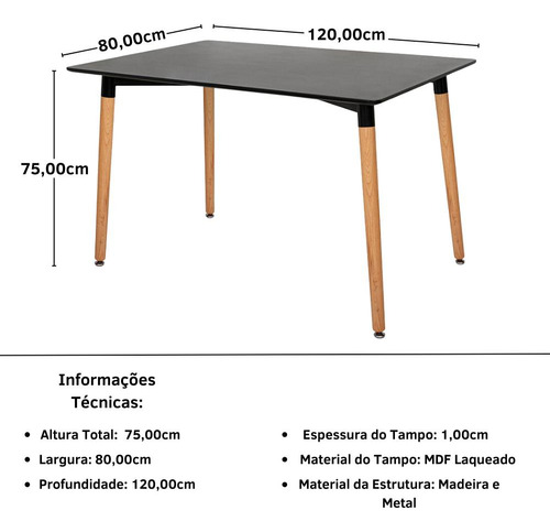 Mesa De Jantar Eiffel Preta 120x80cm Com 4 Cadeiras Roma Cor Marrom