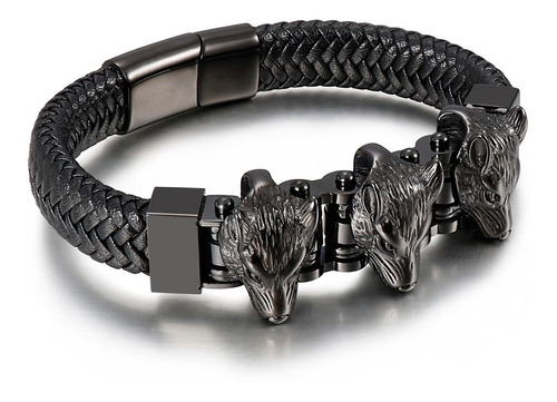 Pulsera Lobos Negros Acero Inoxidable Y Piel Para Hombre