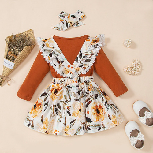 3pcs Conjunto Bebé Con Blusa Diadema Y Falda De Tirantes Naranja Oscuro 6-9 M