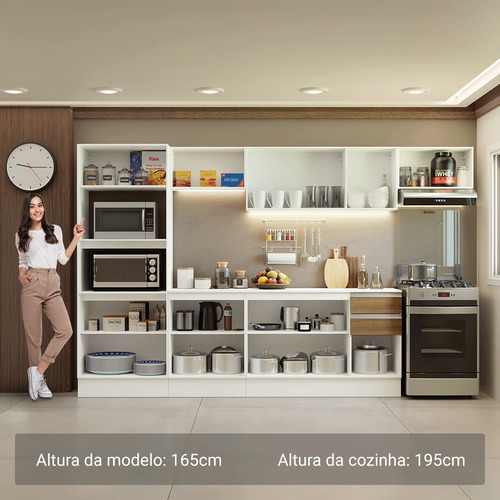 Armário De Cozinha Completa 100% Mdf 310 Cm Smart 02 Cor Branco/rustic/crema