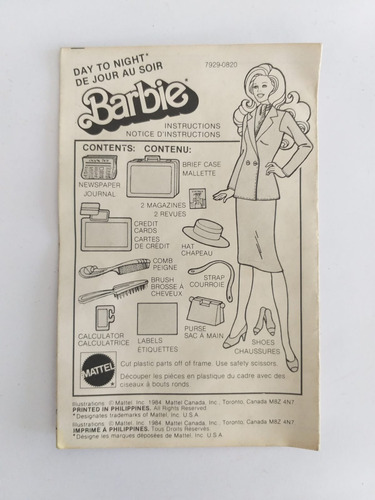 Barbie Day To Night - Folleto De Instrucciones -1984 Vintage