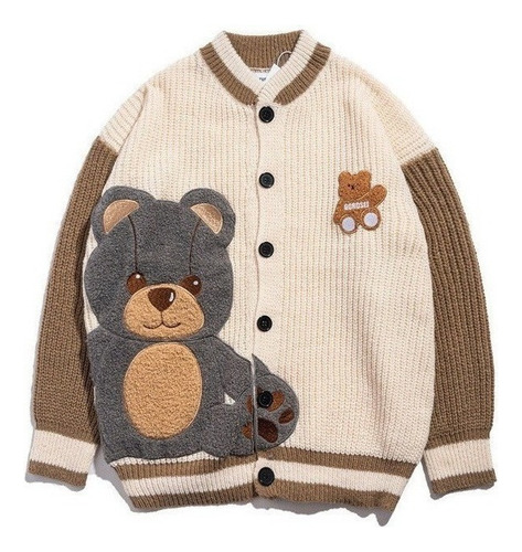 Cárdigan Lindo Oso Bordado Diseño Creativo Suéter Retro Moda