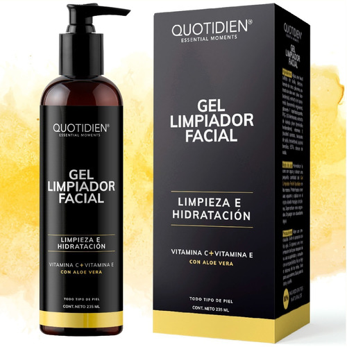 Gel Limpiador Facial Quotidien Essential Moments Con Vitamina C + Vitamina E + Aloe Vera - 80% Ingredientes Naturales - Para Todo Tipo De Piel - Limpieza Facial Piel Grasa -235ml