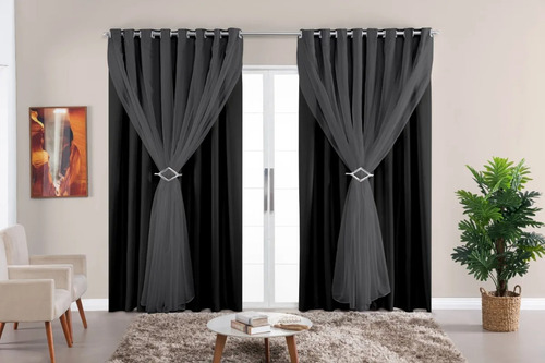 Cortina Blackout Tecido Com Voil 2,20m X 3,75m Sala Quarto Preto